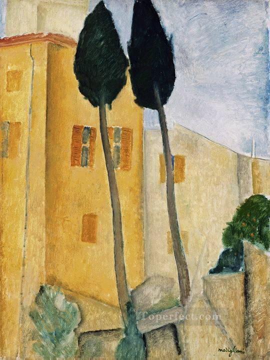 cypress trees and house 1919 Amedeo Modigliani Oil Paintings
